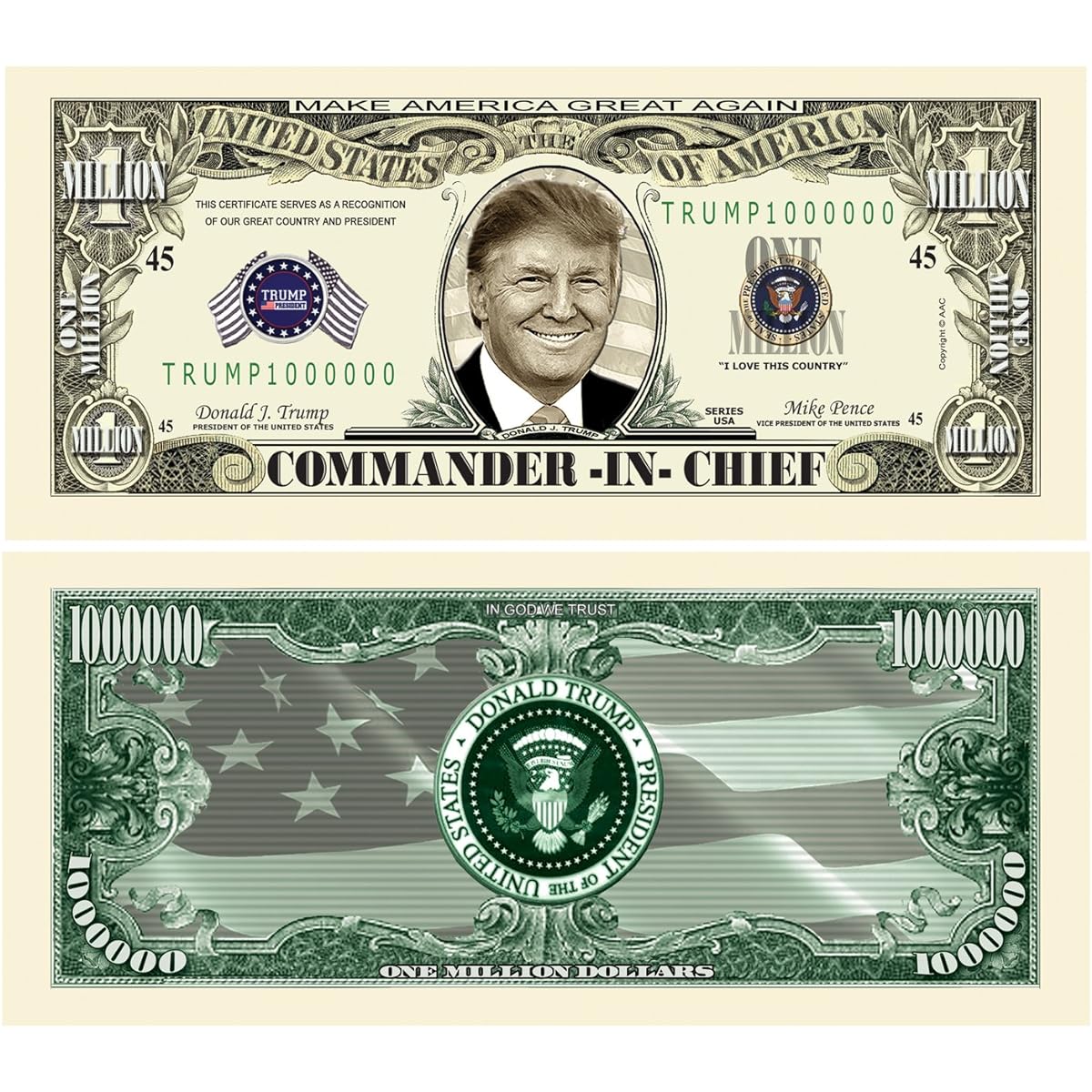 American Art Classics Donald Trump 45th President Collector Set of 8 Bills: Commander in Chief Bill 2016 Bill 2016 Victory Legacy Bill 2017 Trump with Melania and Hillary Prison Notebook