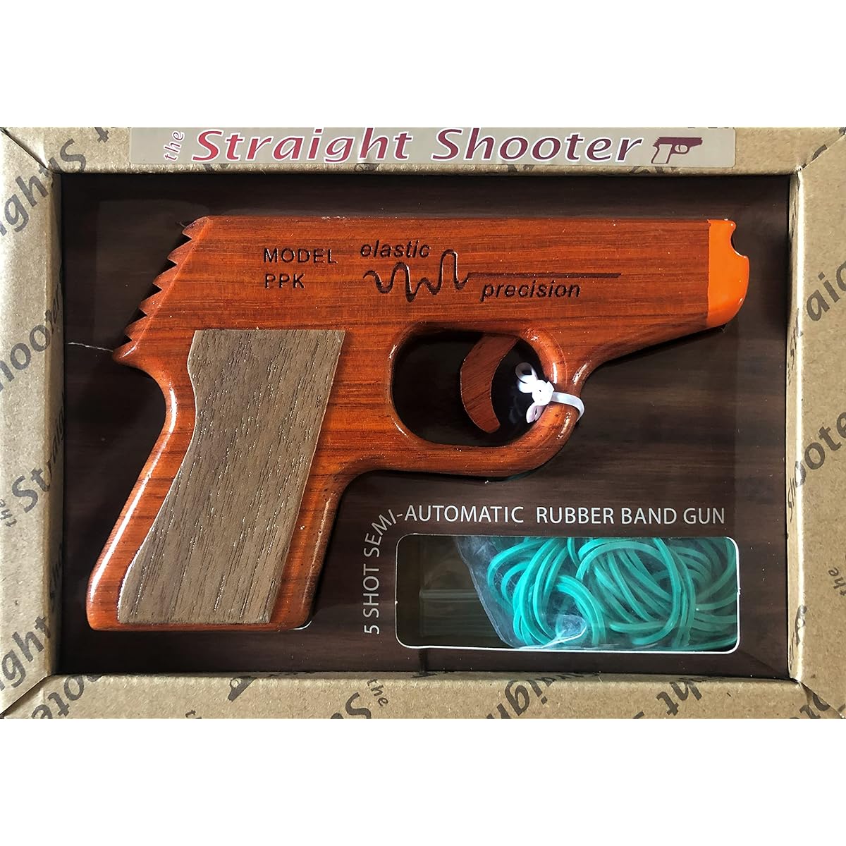 Elastic Precision Model PPK Rubber Band Gun Rapid Fire Semi-Automatic & Made of Walnut Hardwood