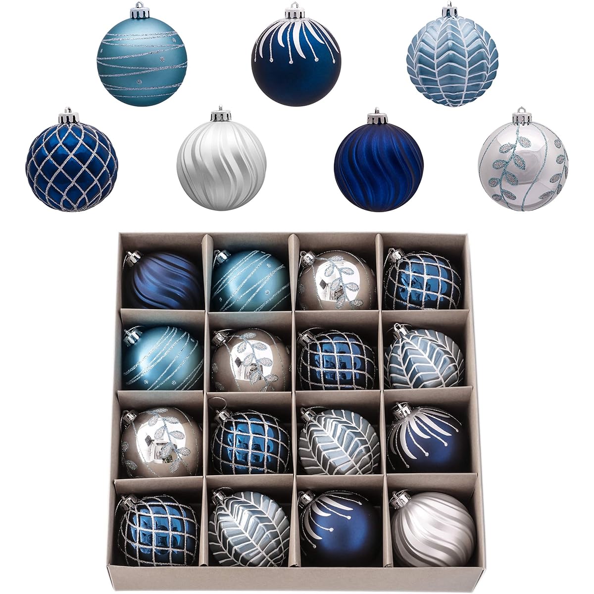 Valery Madelyn 16ct 80mm Winter Wishes Silver and Blue Christmas Ball Ornament Decor Shatterproof Christmas Tree Ornament for Christmas Decorations