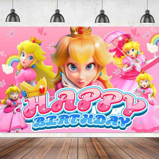 5x3ft Princess Peach Banner Princess Peach Birthday Party Supplies Princess Peach Birthday Banner Princess Peach Birthday Decorations Princess Peach Decorations Birthday Banner