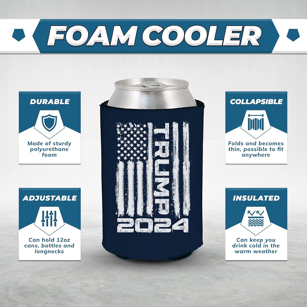 Shop4Ever Trump Flag 2024 Can Sleeve Cooler 45th 47th President Coozies Soda Beer Coolie (Navy, 12 Pack)