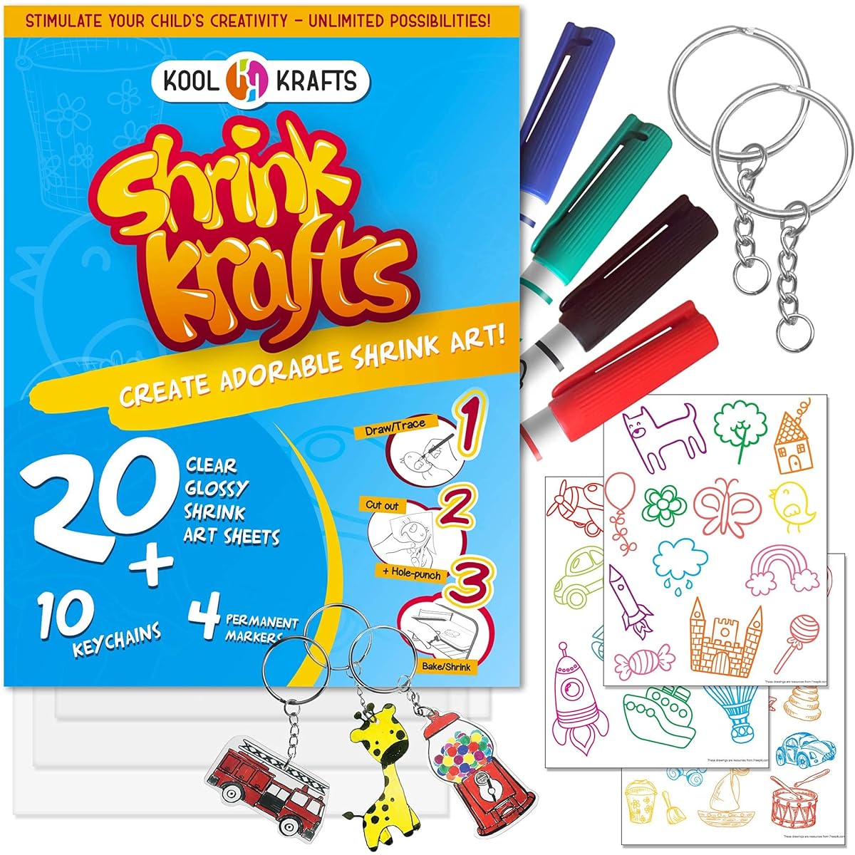 Shrink Krafts Art Craft Set - 20 Sheets of Clear Shrink Paper (Large 8" x 10"), 10 Key Chains, 36 Traceable Images, 4 Permanent Markers - Fun and Creative Shrink Charms - Easy at Home