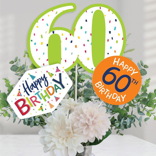 60th Birthday - Cheerful Happy Birthday - Colorful 6th Birthday Party Centerpiece Sticks - Table Topper - Set of 15