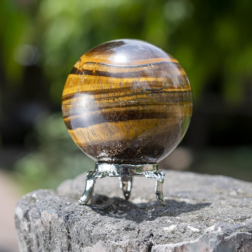 Tiger Eye Crystal Sphere Gemstone Sphere Healing Ball Sculpture Figurine Feng Shui Meditation Fortune Telling Home Halloween Decoration Photo Crystal Ball Size: 45-55mm with Crocon Stand