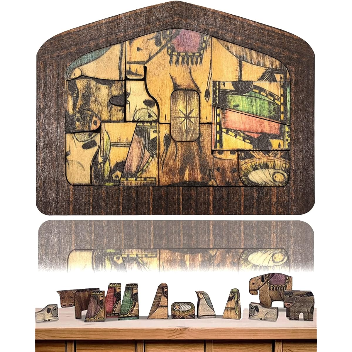 Nativity Puzzle Wooden Jesus Puzzle Statue Wood Burnt Design Nativity Set Home Education Wooden Puzzle Birthday Gift Sculpture Decor for Kids and Adults Christmas Indoor Nativity Set