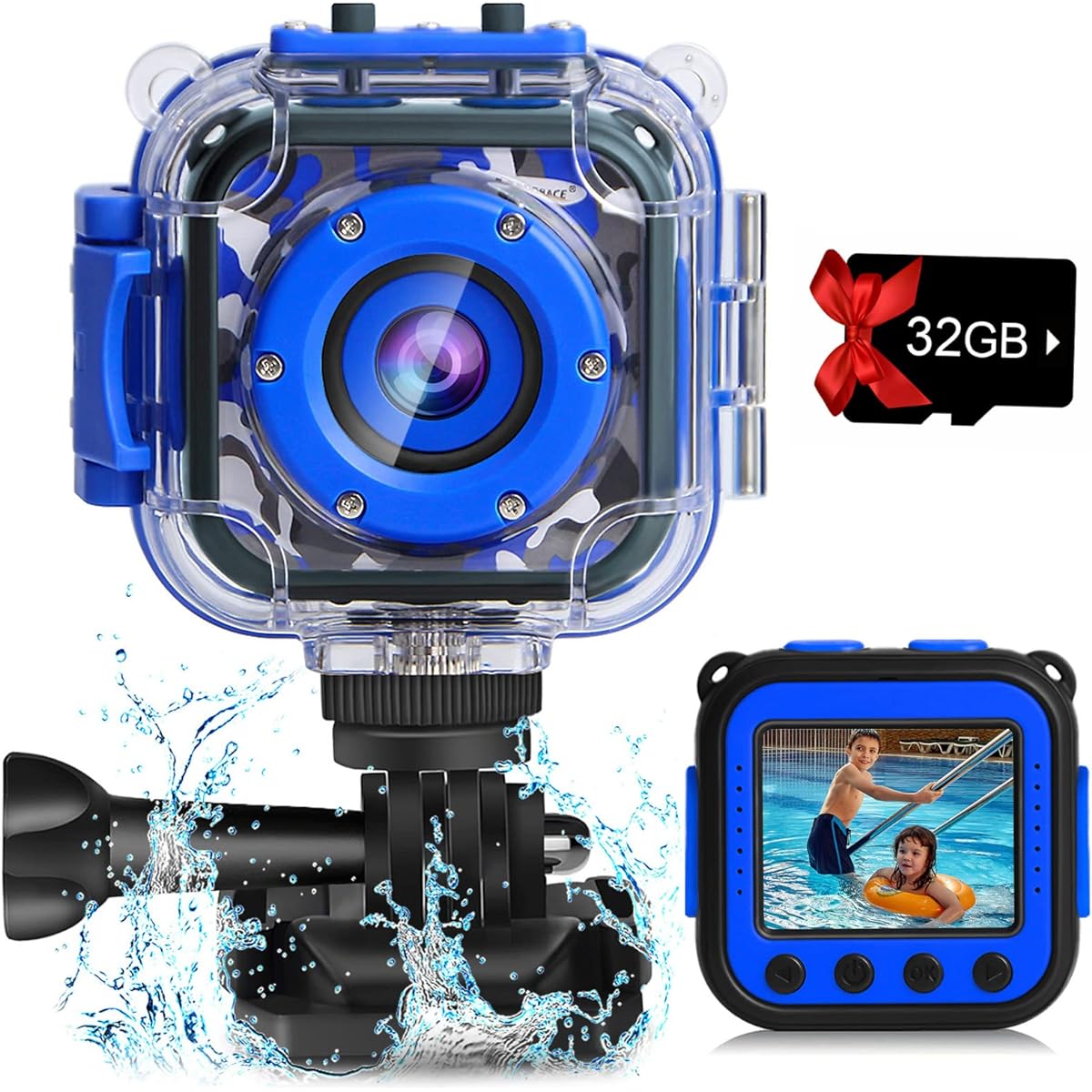 DROGRACE Children Kids Camera Waterproof Digital Video HD Action Camera 1080P Sports Camera Camcorder DV for Boys Birthday Holiday Gift Learning Camera Toy 1.77'' LCD Screen (Navy Blue)