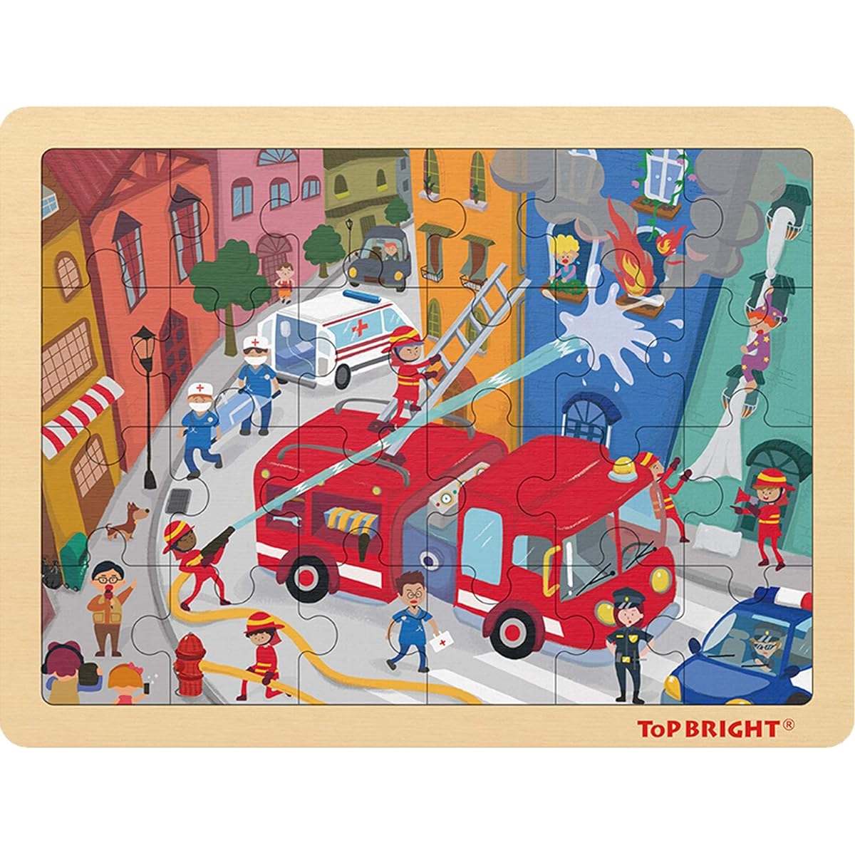 TOP BRIGHT 24 Piece Puzzle for Ages 3-5 - Fire Rescue Wooden Jigsaw Puzzle with Storage Tray