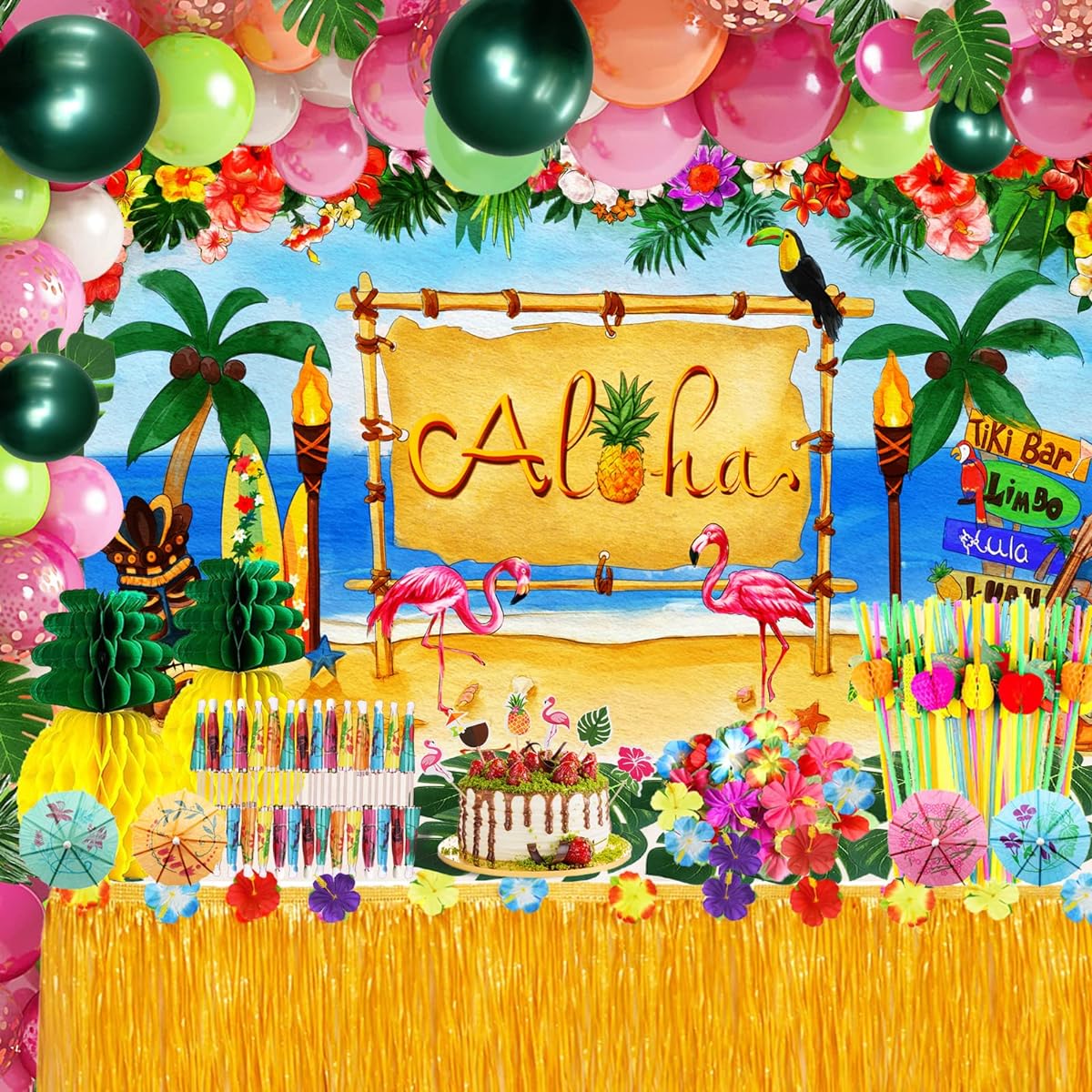 Hawaiian Luau Party Decorations Pack (159 Pieces) Tropical Beach Theme Aloha Summer Party Supplies Kit (Table Skirt, Backdrop, Balloons, Straws, Hibiscus Palm Leaves, Food Toppers, Pineapples)