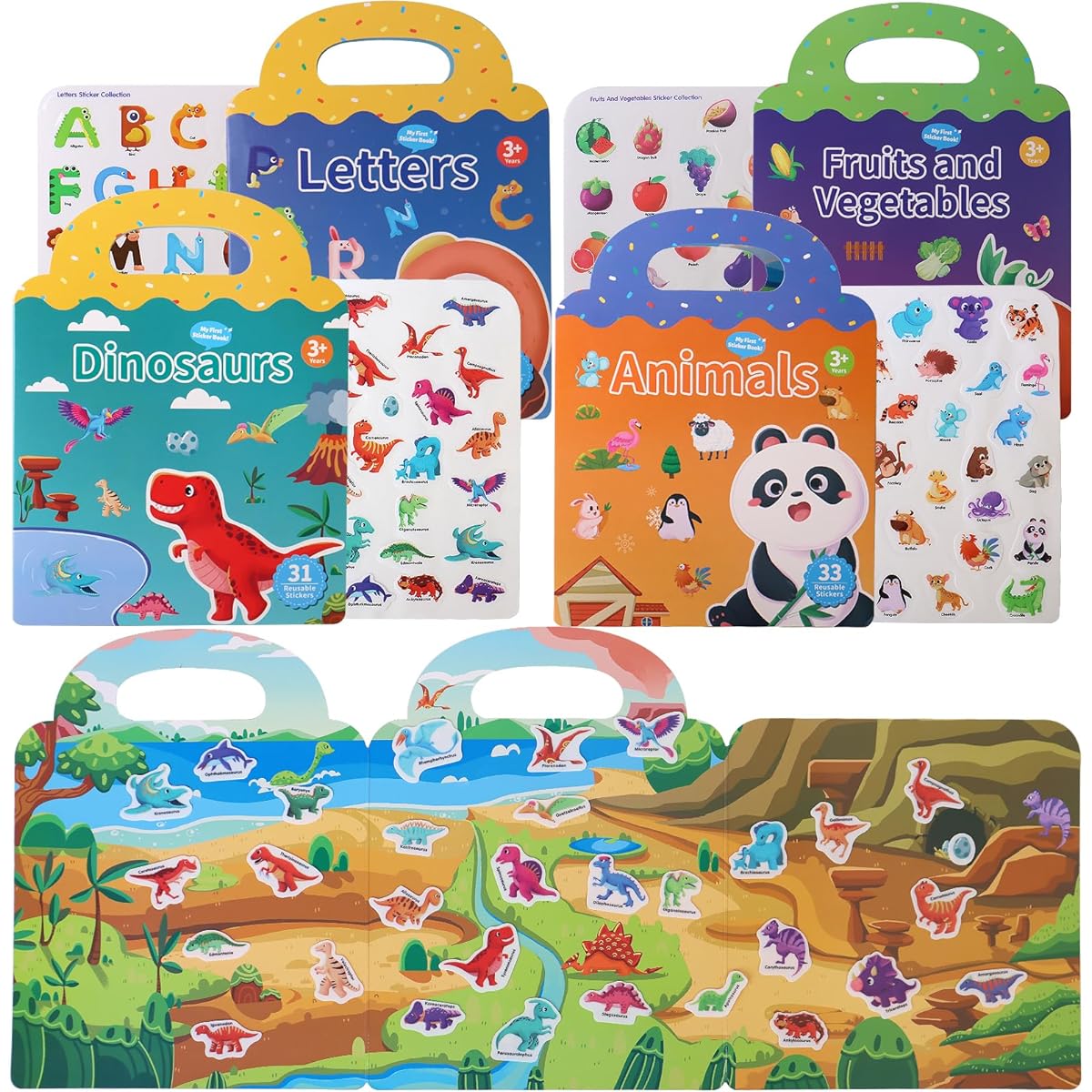 Jelly Sticker Book for Kids 2-4 Reusable Stickers 4 Scenes | Animals Dinosaurs Letters Vegetables Fruits Resealable Sticker Book for Kids Great Travel Activity No Screen Fun Toy