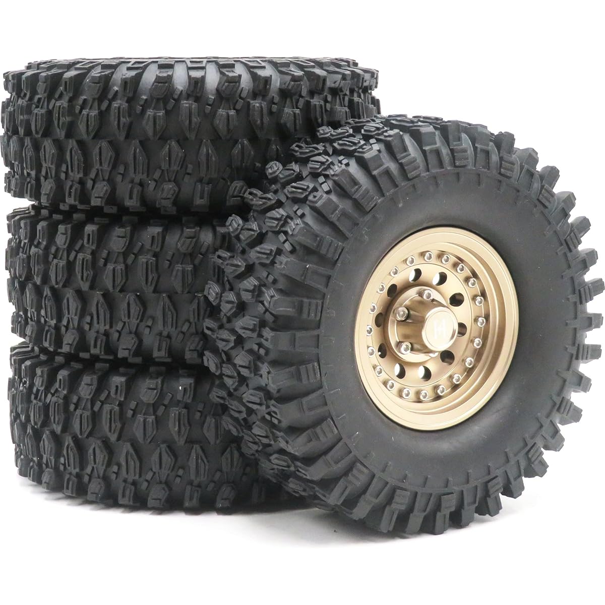 RC Soft Tires 1.8mm/4.25" Height Set of 4 Heavy Duty Aluminum 1.9 Beadlock Wheel Rim Hex 12mm Champagne Gold for RC Axial SCX10 and Other 1/10 1/12 Mud Crawler Trucks