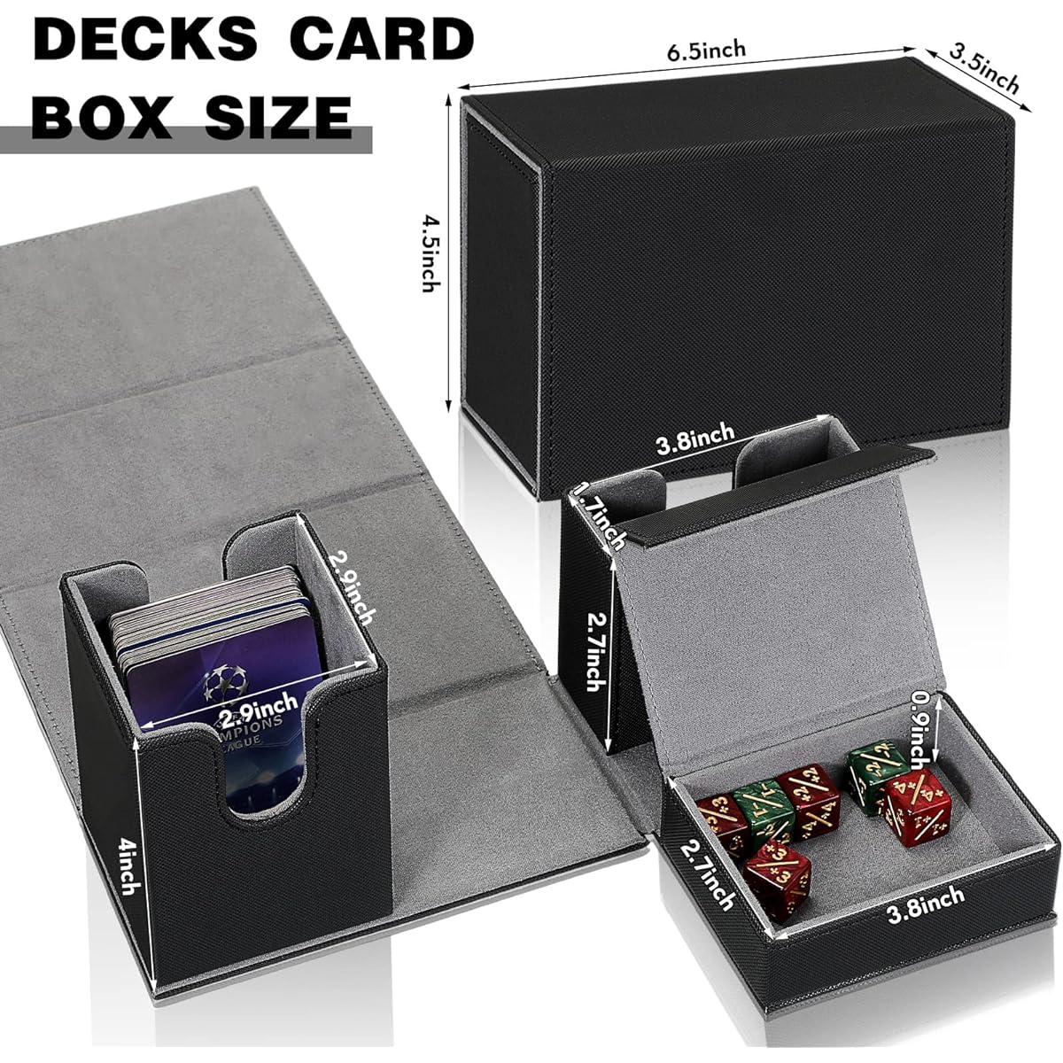 Weewooday Deck Card Box, Storage Box for 200+ Deck Cards with Dice, Leather Deck Case, Trading Card Box, Compatible with MTG TCG Commander Cards (Black)
