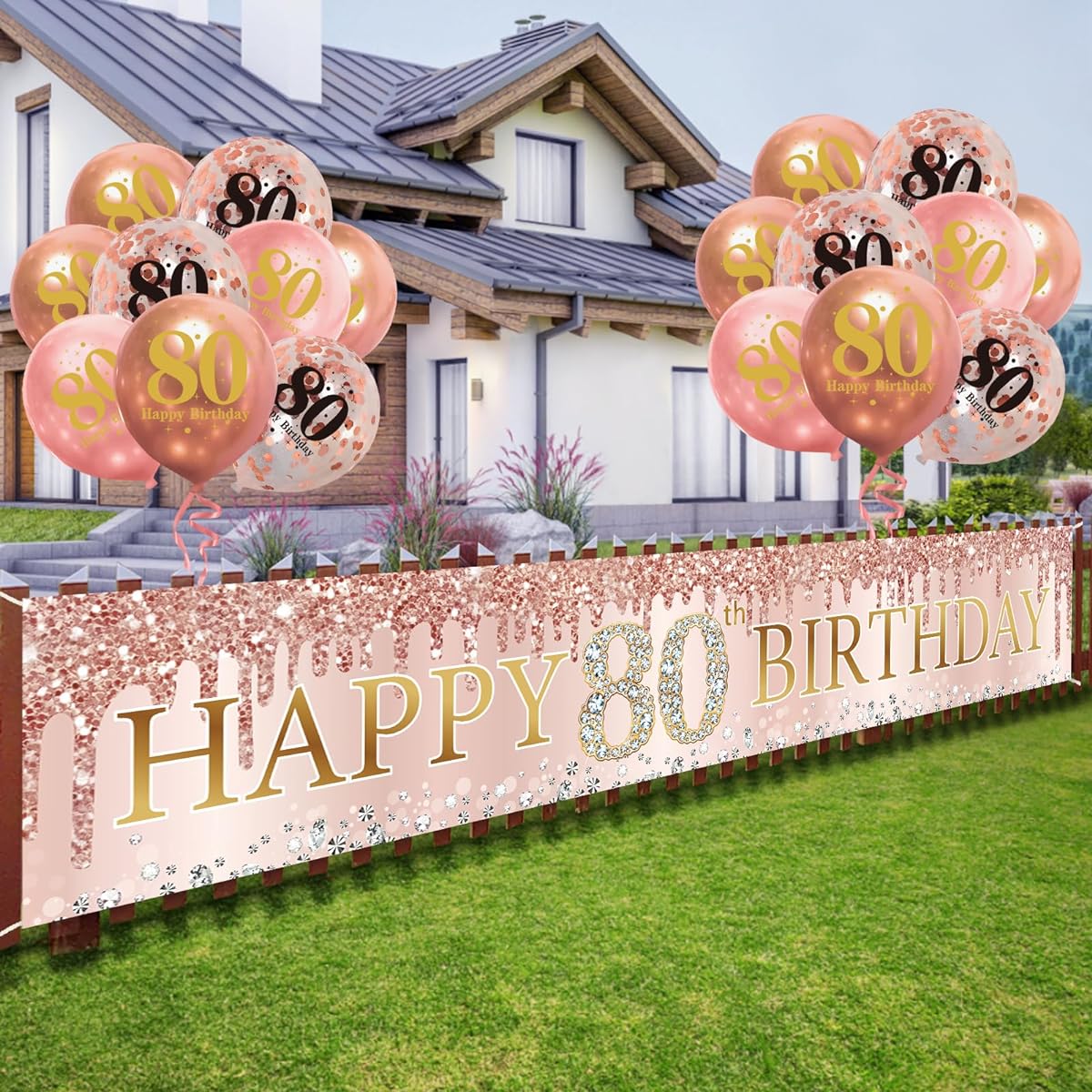 80th Birthday Banner Balloon Decorations for Women Pink Rose Gold Happy 80 Birthday Banner Balloon Kit Party Supplies 80th Birthday Decorations for Outdoor Indoor