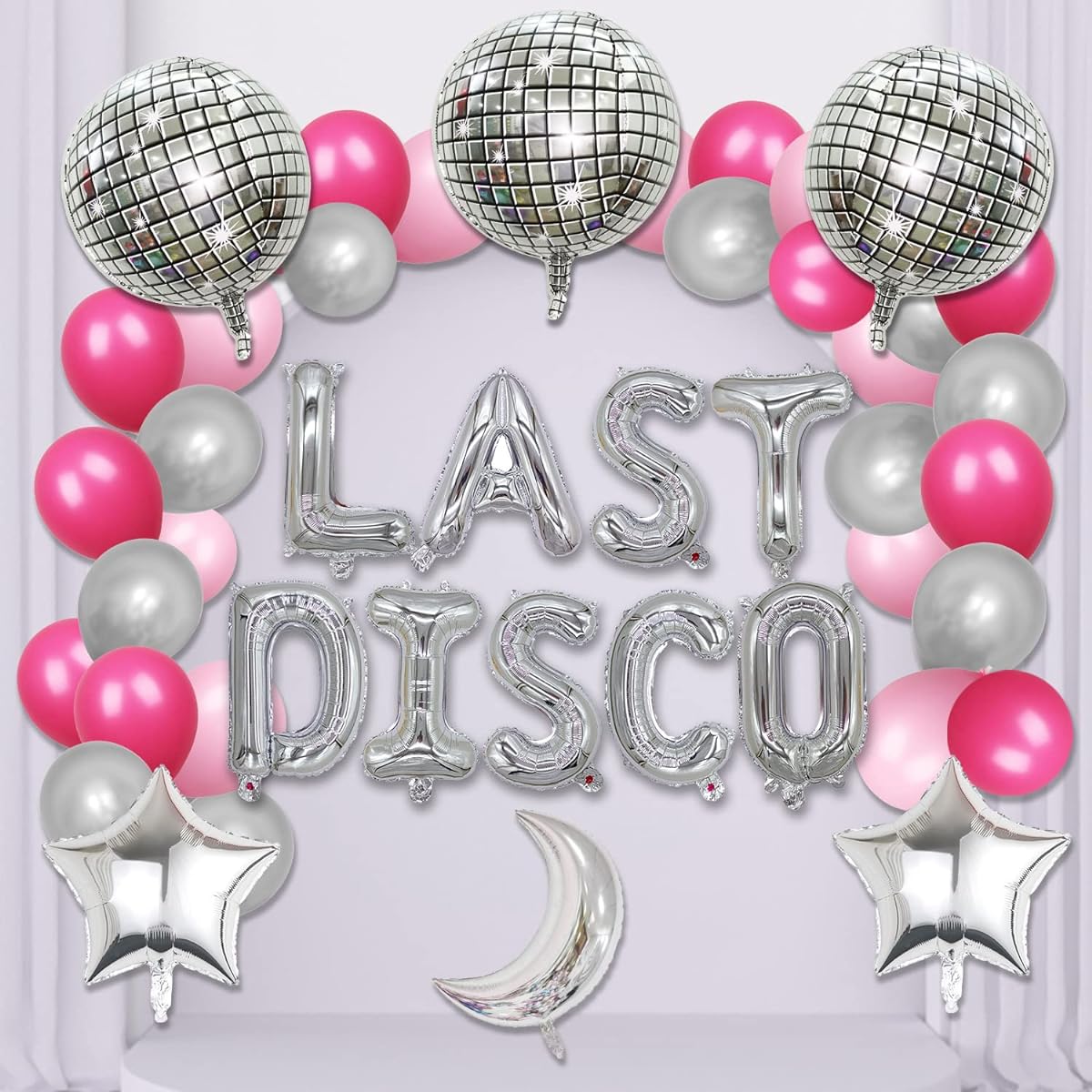 Refavor Last Disco Party Decorations - 45pcs Silver Last Disco Bachelorette Party Decorations Pink Cowgirl Disco Light Moon Star Last Disco Retard Balloons Retro 70s Bachelor Balloons Kit Supplies for Women