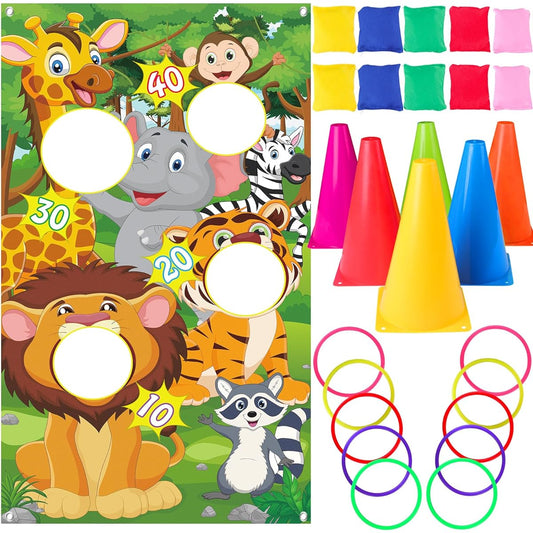 4-in-1 Animal Bean Bag Toss Game Toy Carnival Outdoor Ring Toss Game Kids Birthday Party Jungle Wildlife Party Garden Lawn Game Plastic Corn Cornhole Game Field Day Game Supplies