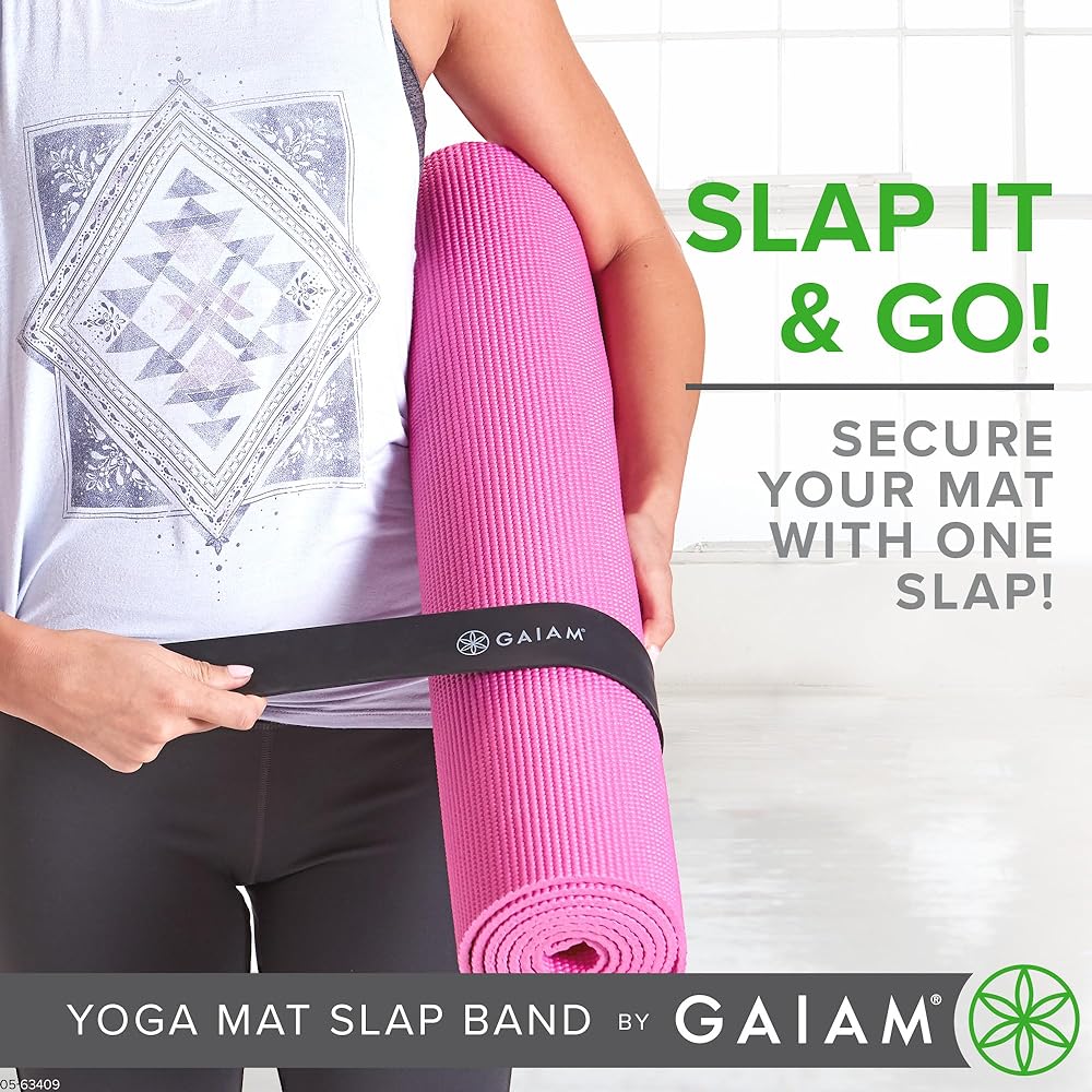 Gaiam Yoga Mat Strap Slap Band - Wrap your mat tightly and keep it safe. Fits most size mats (20" L x 1.5" W) Black