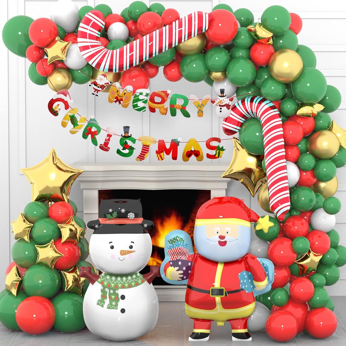 Christmas Balloon Garland Arch Kit 143 Pieces Christmas Green Red White Gold Red Santa Claus Candy Balloon Snow Men Gold Star Balloon with Merry Christmas Banner Christmas Party Decoration
