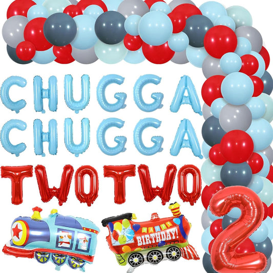 2nd Birthday Party Decorations Chugga Chugga Two Two Birthday Party Decorations Foil Balloons Red Blue Grey Balloon Garland Kit Number 2 Train Foil Balloon for 2nd Birthday Party Boy Girl