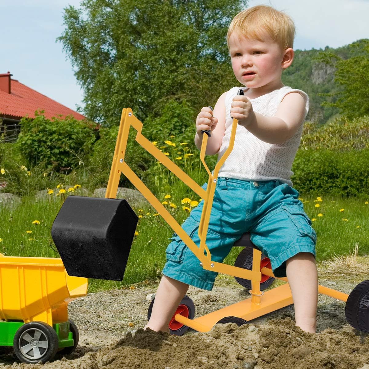 Costzon Kids Ride-On Digger with 360° Seat Swivel Excavator Crane Toy for Sand, Dirt, Snow, Heavy Duty Steel Beach Sandbox, Sit on Digger for Boys and Girls Outdoor Play (With Wheels)