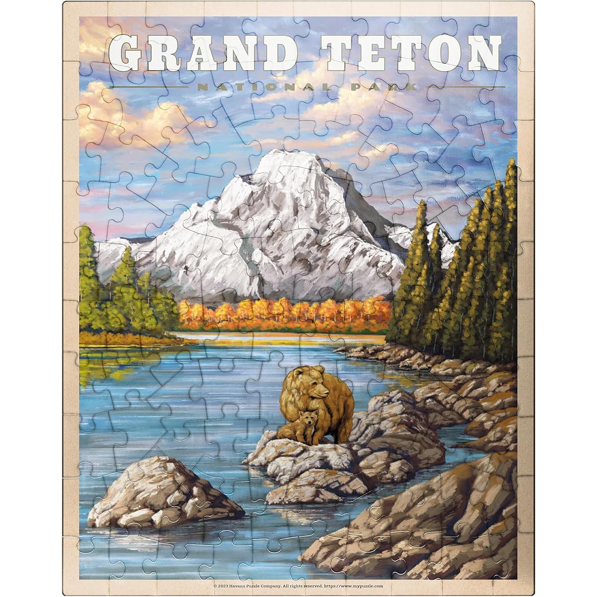 Grand Teton National Park Grizzly Bear Hug Vintage Travel Poster Premium 100 Piece Jigsaw Puzzle for Adults