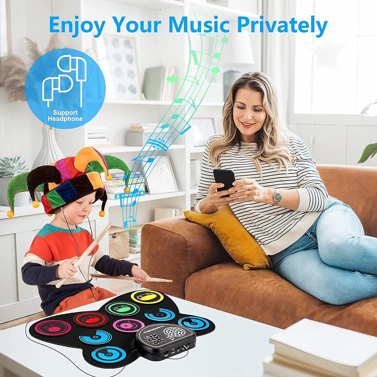 Upgraded Electric Drum Set, 9 Drum Practice Pad, Roll-up Electronic Drum Pad Machine With Headphone Jack Built-in Speaker Drum Sticks Foot Pedals, Great Holiday Xmas Birthday Gift for Kids