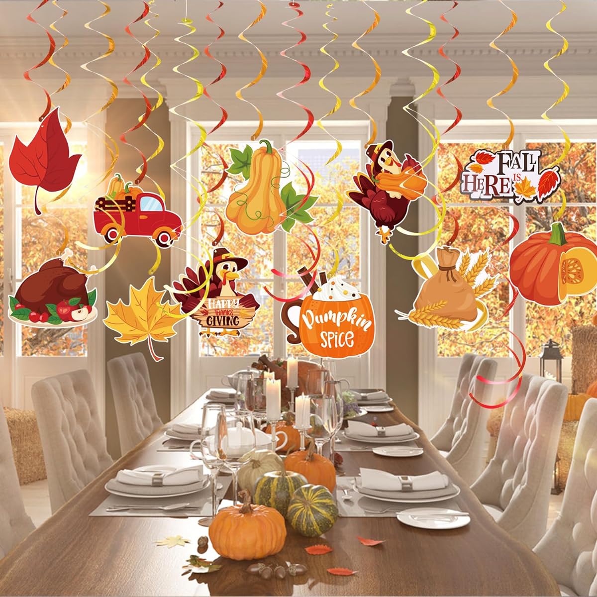 STEFORD Thanksgiving Hanging Swirls 51 Pieces Thanksgiving Ceiling Decor Autumn Hanging Ornaments Thanksgiving Party Streamer Supplies