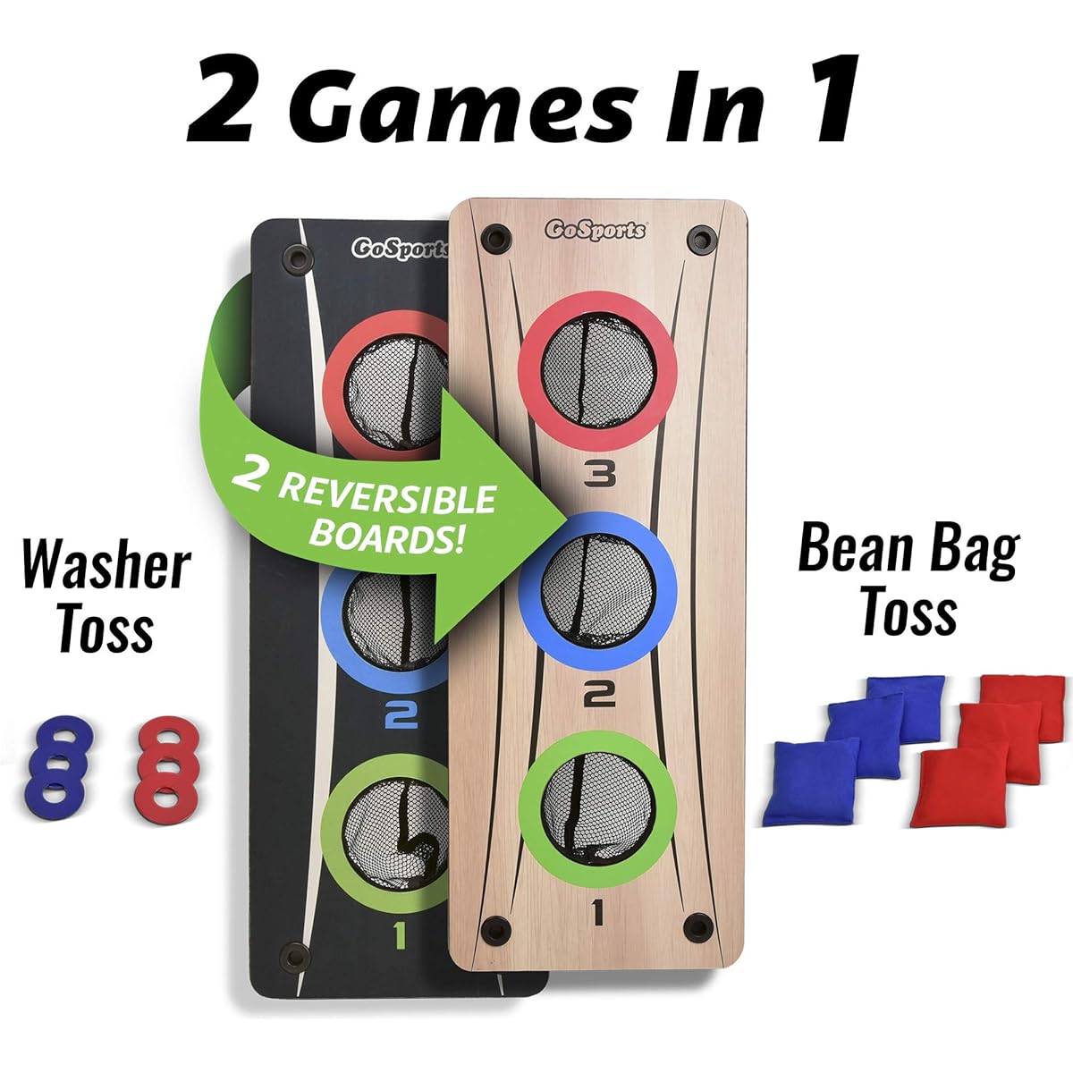 GoSports Multi 2-in-1 Bean Bag Toss & Washer Toss Combo Outdoor Game - Fun for Kids & Adults - Includes 2 Double-Sided Game Boards, 6 Washers, 6 Bean Bags, and Carrying Case