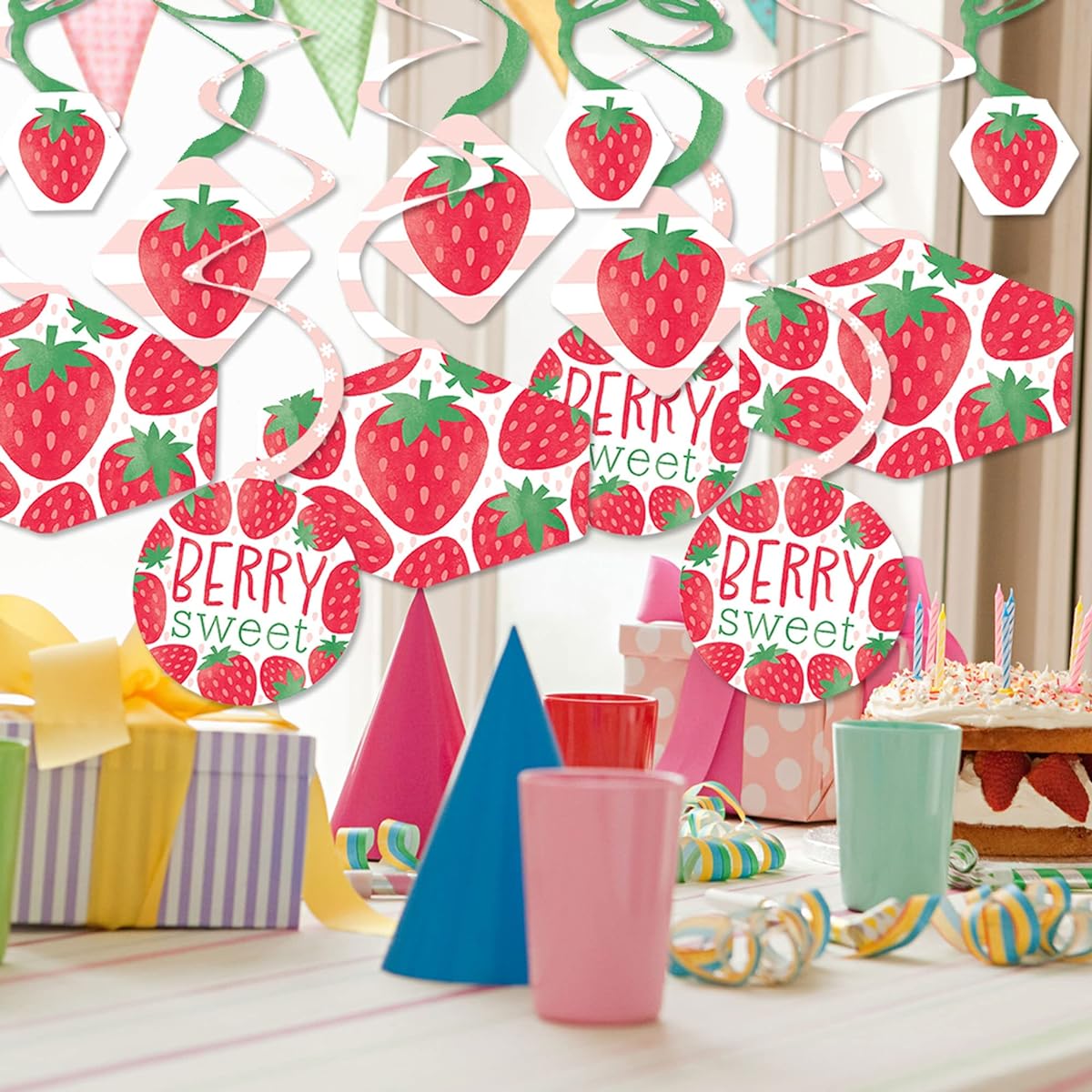 Big Dot of Happiness Berry Sweet Strawberry - Fruit Theme Birthday Party Baby Shower Hanging Decorations - Party Decoration Swirls - Set of 40