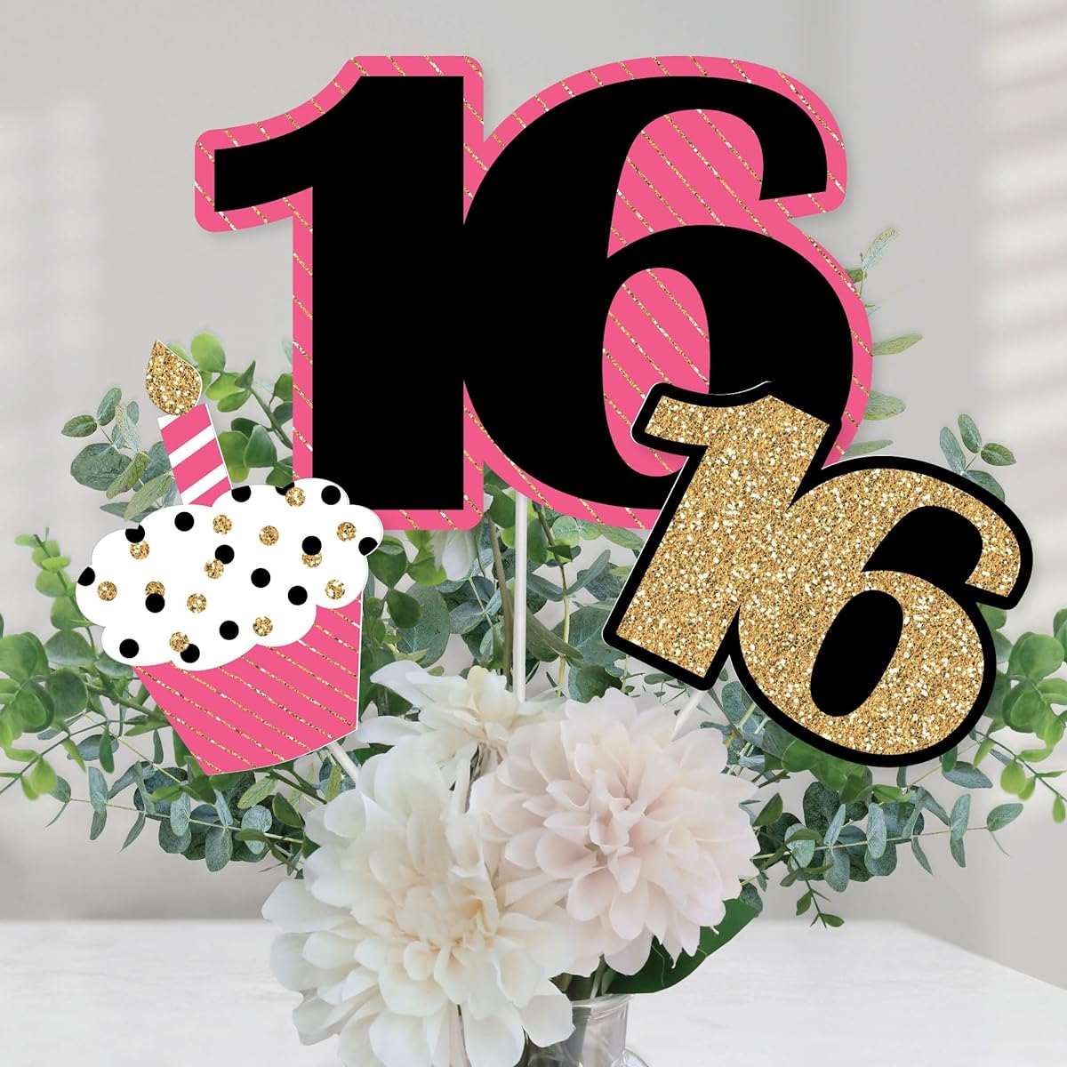 Chic 16th Birthday - Pink, Black and Gold - Birthday Party Centerpiece Sticks - Table Toppers - Set of 15