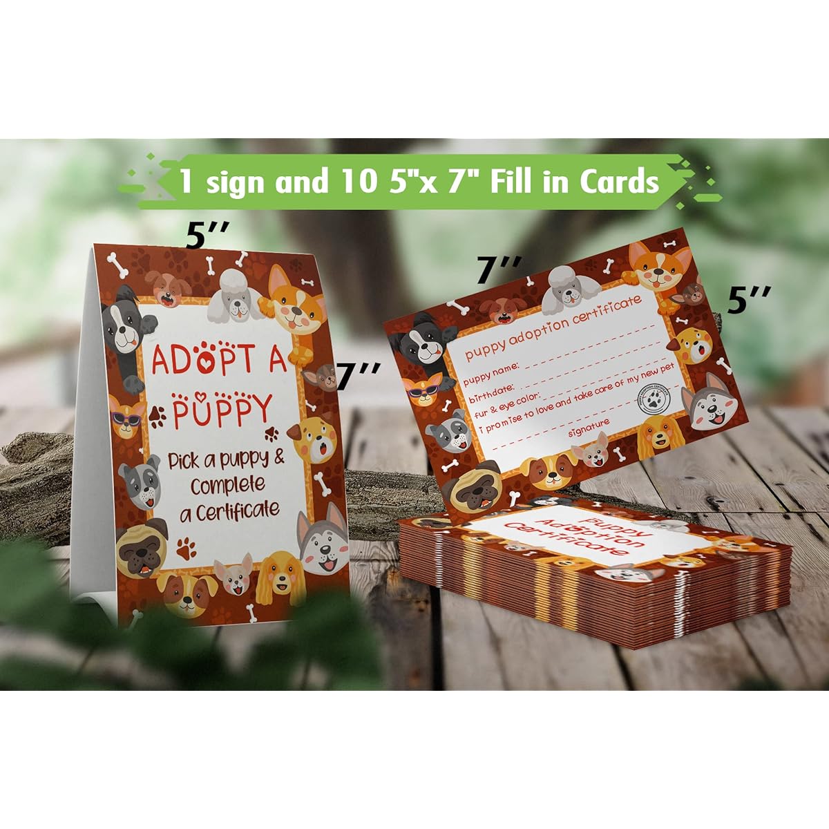 1 Puppy Sign and 10 Puppy Adoption Certificate Set, Great for Parties, Kids Birthday Parties, Classroom Parties/033B