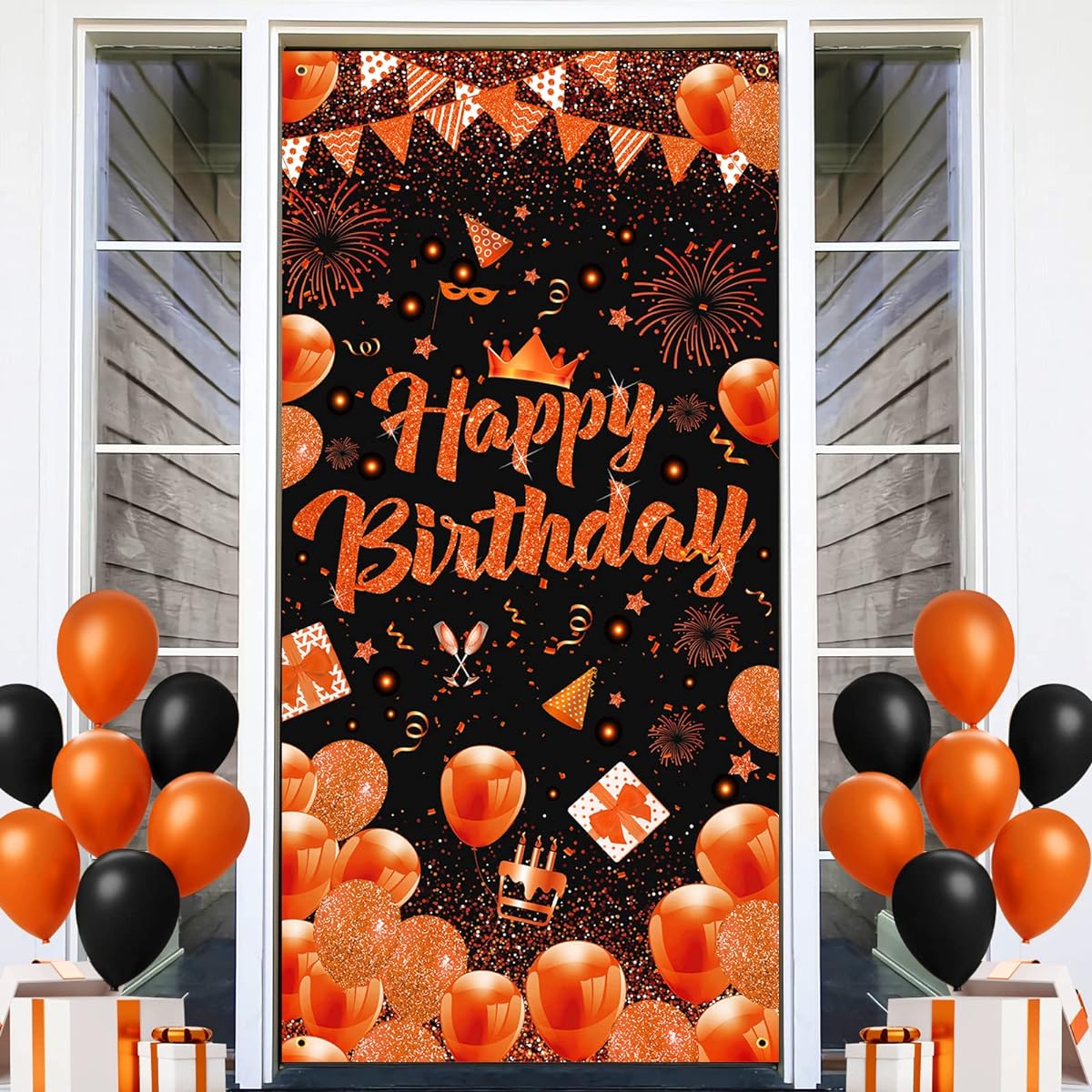 Orange Birthday Party Banner Decorations Large Orange Black Happy Birthday Door Cover Backdrop Sign Party Supplies Women Men Birthday Photo Booth Backdrop Front Door Supplies 73 x 36 inches