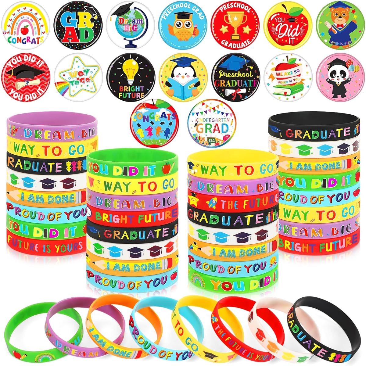 DTOFOOT 64pcs Preschool Graduation Party Favors 32pcs Kindergarten Congratulations Silicone Bracelets 32pcs Pre K Grad Button Badge Pins 2024 Graduation Party Gift Bag Stuffing Accessories