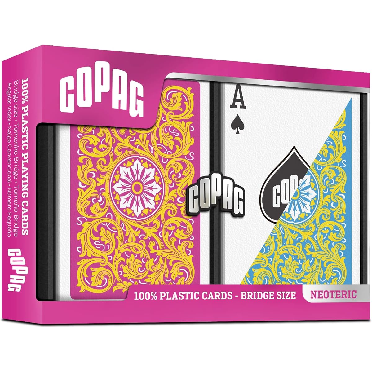 Copag 1546 Neoteric Design 100% Plastic Playing Cards Bridge Size Regular Index Yellow/Pink/Blue Double Deck Set
