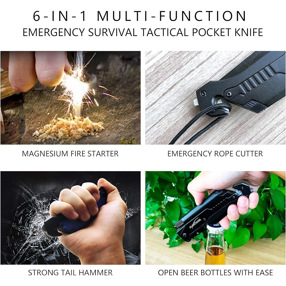 ALBATROSS 6-in-1 Survival Tactical Military Folding Pocket Knife with LED Light Seat Belt Cutter Glass Breaker Magnesium Fire Starter Bottle Opener Multifunctional Emergency Tool (Black)