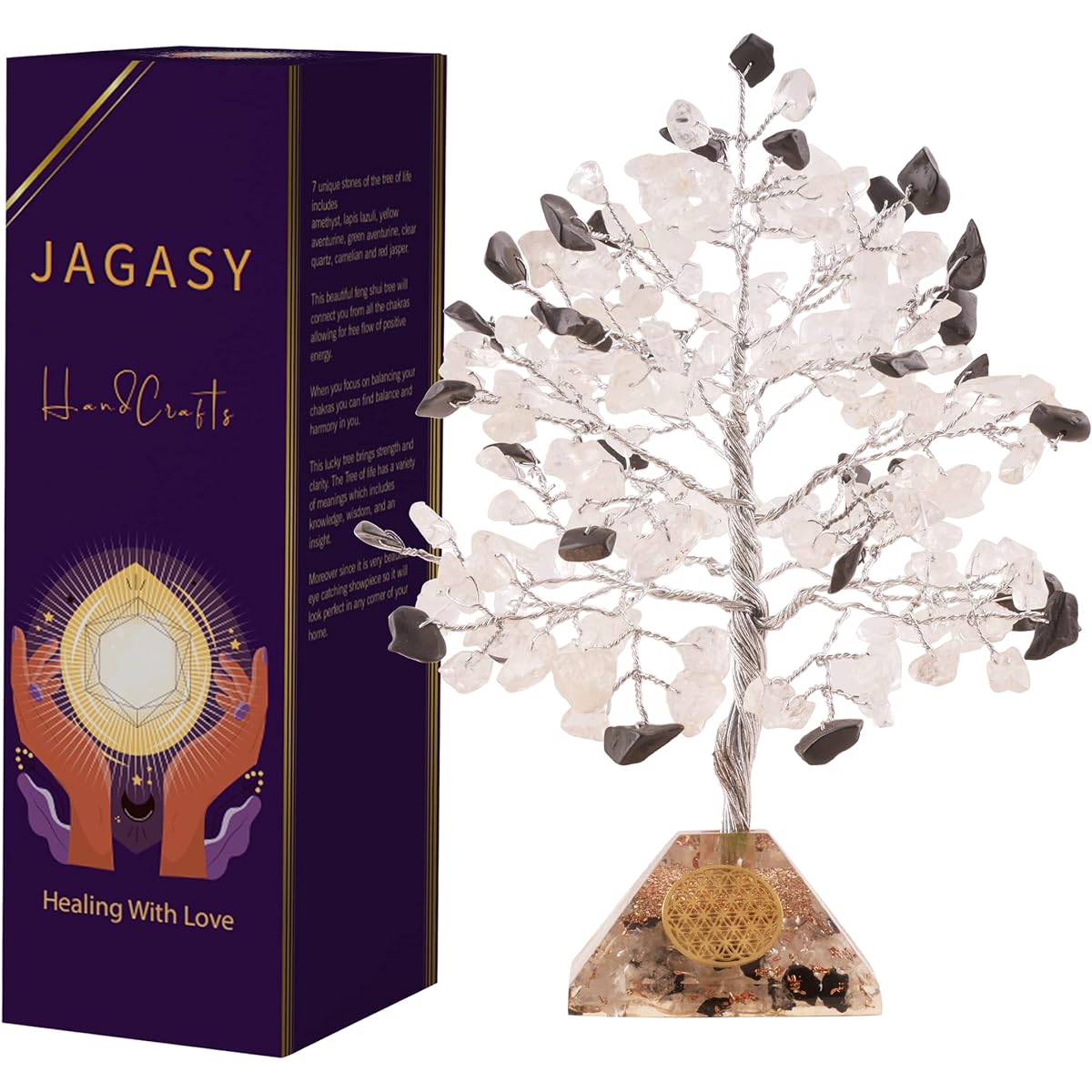 JAGASY Crystal Tree - Clear Quartz - Black Tourmaline - Tree of Life - Chakra Tree Reiki Healing Orgone Pyramid Home Decoration Feng Shui Item Spiritual Gift