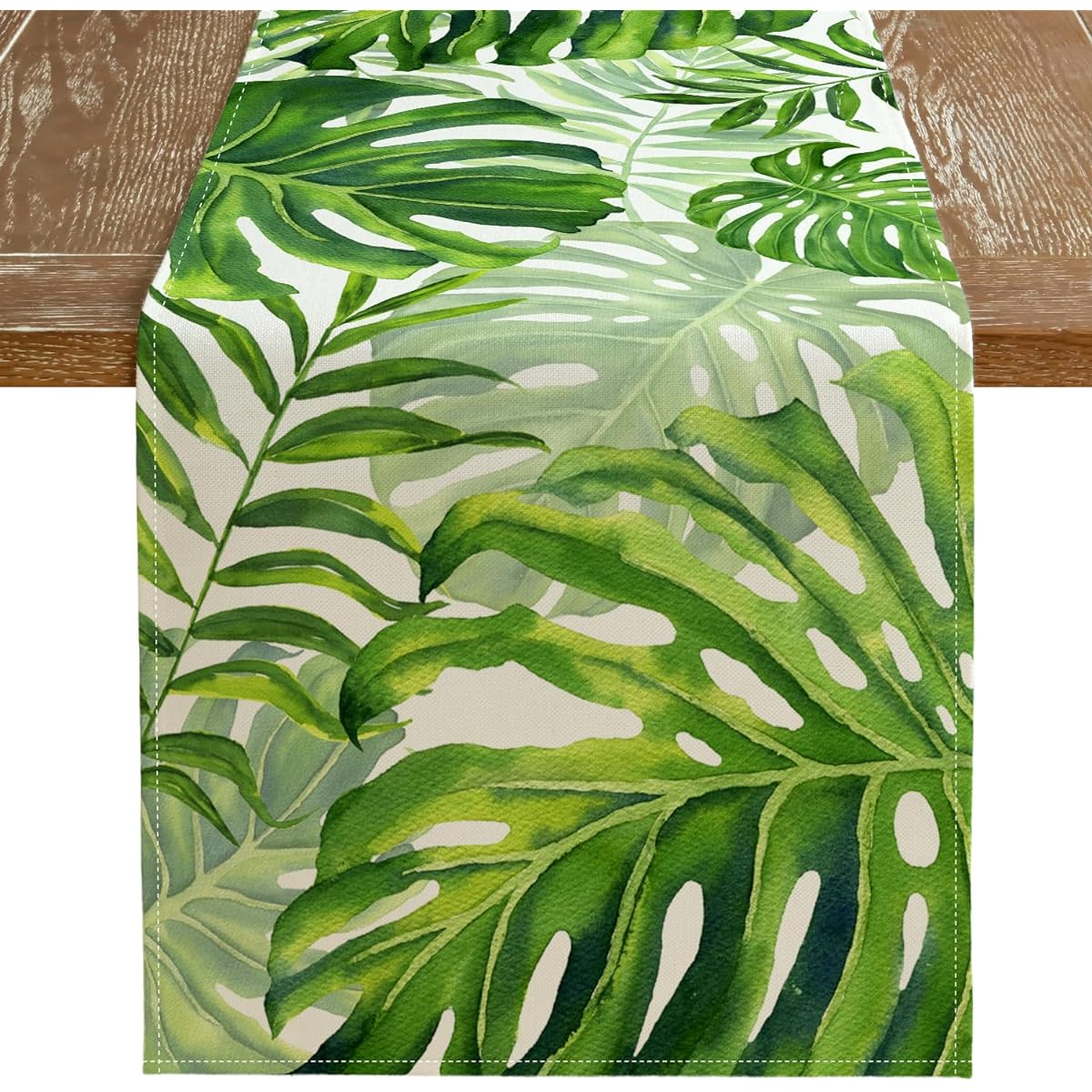 ARKENY Summer Table Runner 13x36 Inch Palm Leaves Seasonal Farmhouse Green Burlap for Indoor Kitchen Anniversary Dining Table Decorations Home Party AT600-36