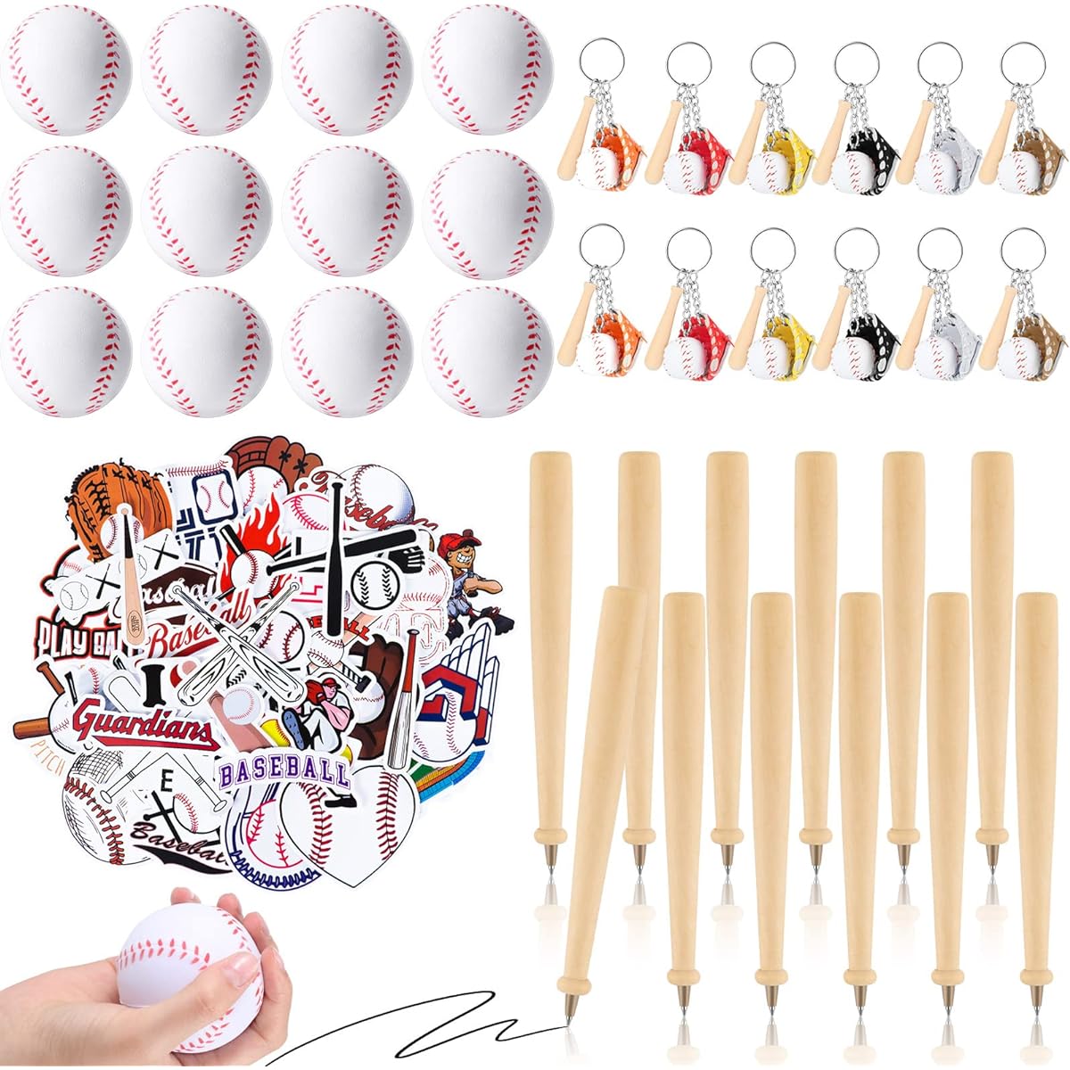 Baseball Party Supplies 86pcs Sports Stress Balls 12pcs Wooden Baseball Bat Keychains 12pcs Wooden Baseball Bat Pens 50pcs Baseball Stickers Baseball Party Theme Supplies for Team Party, As the picture shows, about 6.3cm