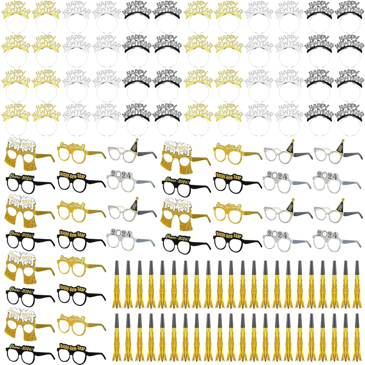 108 Pieces New Year's Party Supplies 2023 New Year 2023 Glasses 2023 Black Silver Gold Party Headbands Happy New Year's Eve Party New Year Accessories
