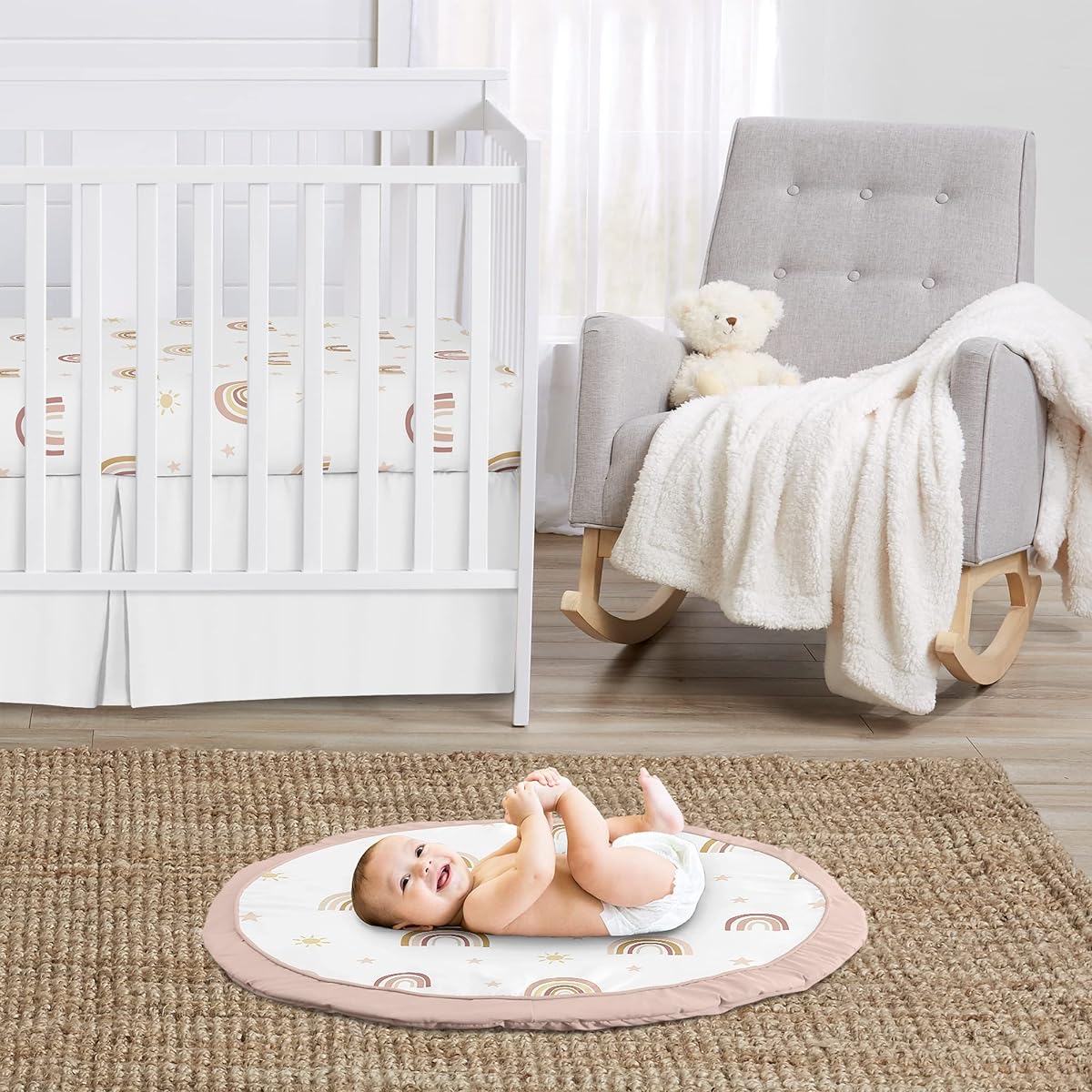 Sweet Jojo Designs Boho Rainbow Girl Baby Playmat Tummy Time Toddler Playmat - Blush Pink Dusty Rose Gold Yellow Mauve Taupe Beige Tan Bohemian Star Sun Celestial Vintage Sky