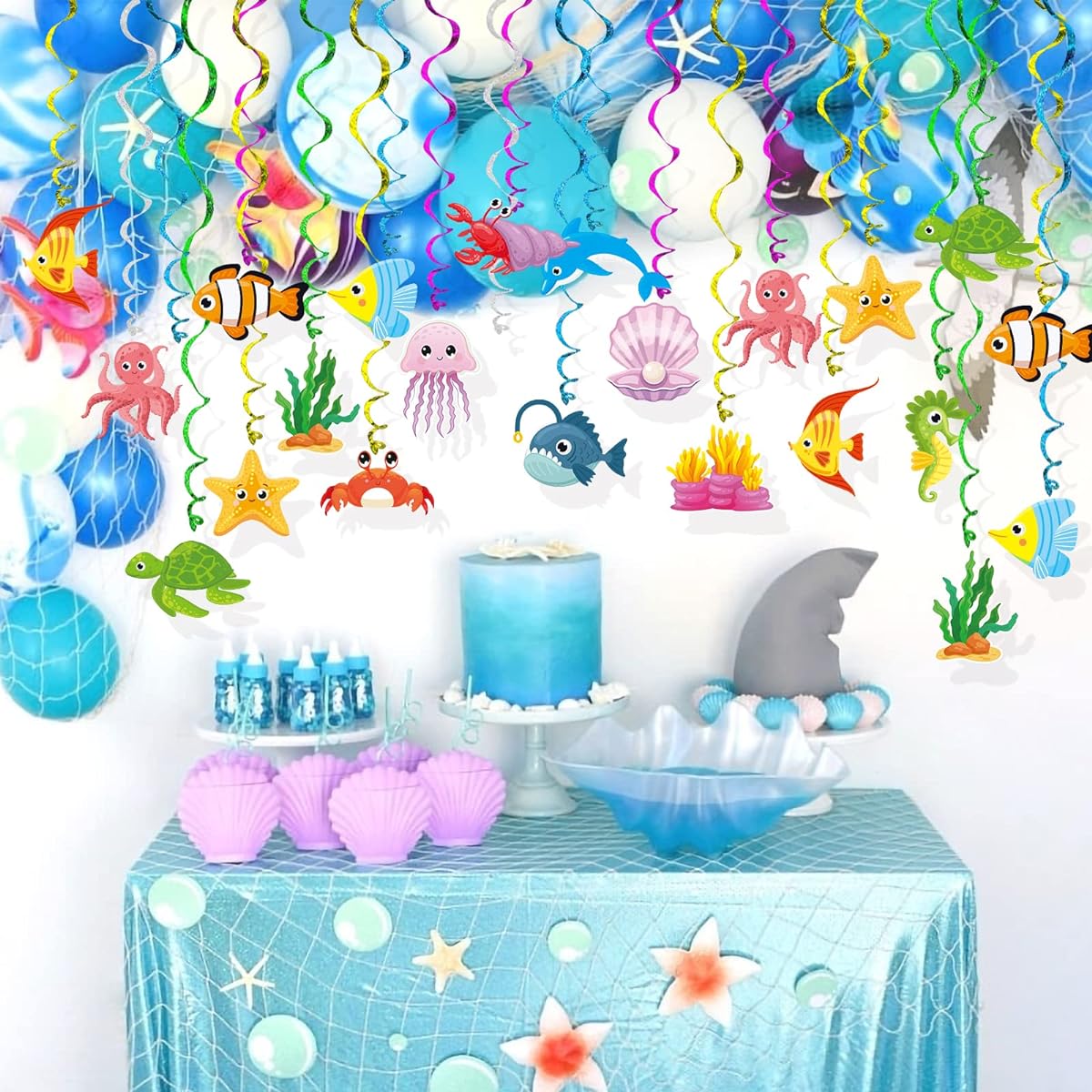 Sea Animals Life Hanging Swirls 30 Pack Foil Ceiling Hanging Swirls Stream Banner Garland for Kids Ocean Mermaid Baby Shower Celebration Event Birthday Party Supplies Room Wall Decor