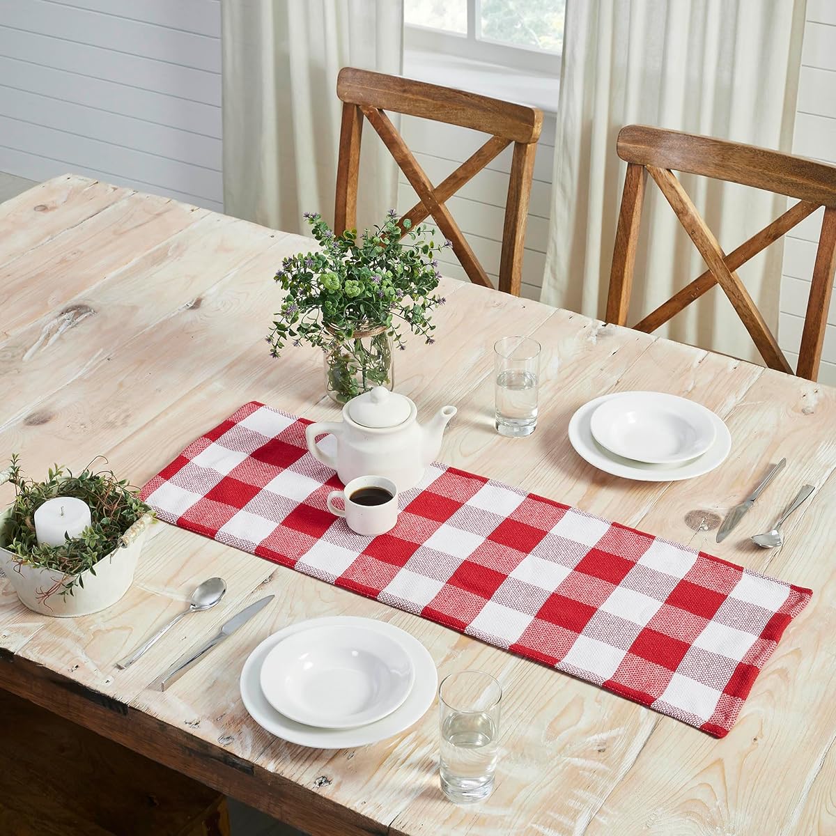 VHC Brands Farmhouse Christmas Decorations Dining Room Kitchen Linens Annie Red and White Check Table Runner 12" x 36" Long