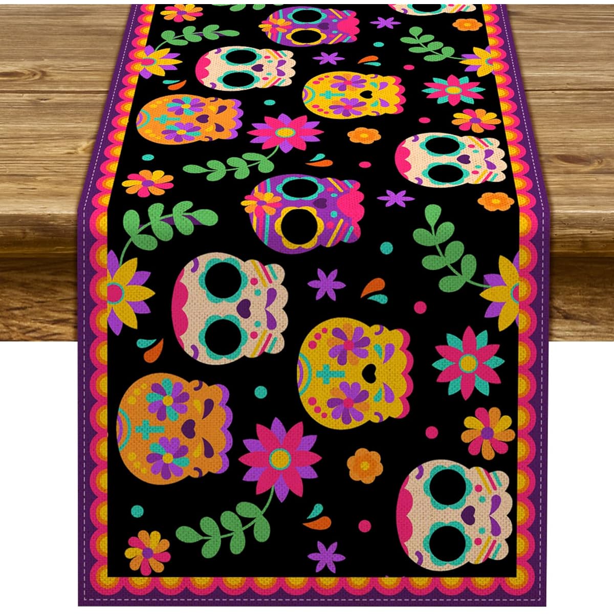 Pudodo Day of the Dead Table Runner Sugar Skull Dia de los Muertos Tablecloth Mexican Holiday Party Kitchen Dining Room Home Decorations (13" x 72")