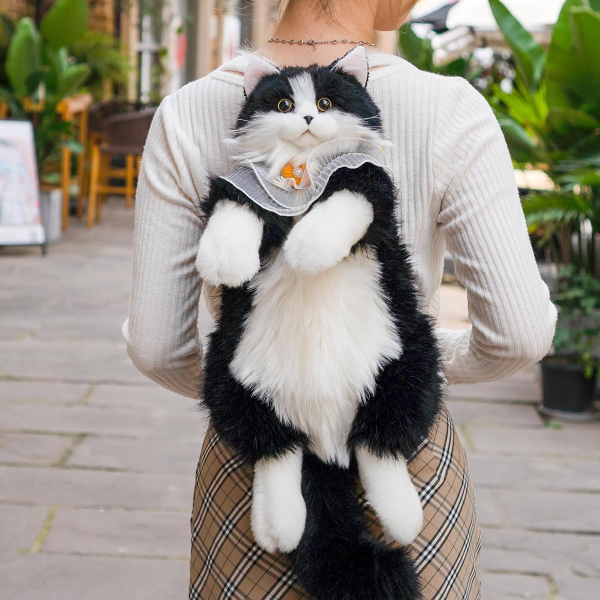 Chongker Handmade Realistic Cat Backpack Cat Stuffed Animal Gift for Pet Lovers Gift for Women (Black Cat Backpack)