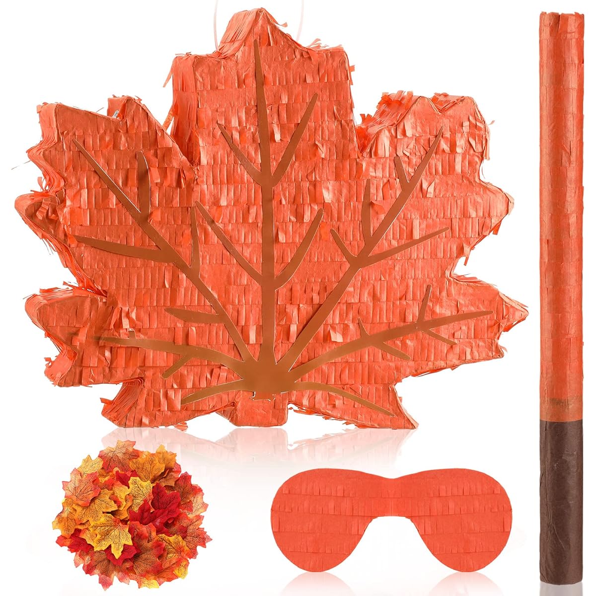Maple Leaf Pinata with Stick Blindfold and Confetti, 100 Pieces Artificial Fall Maple Leaves, Fall Pinata for Thanksgiving Party Supplies Decorations Centerpieces Photo Props, 15 x 11.8 x 2.8 Inches