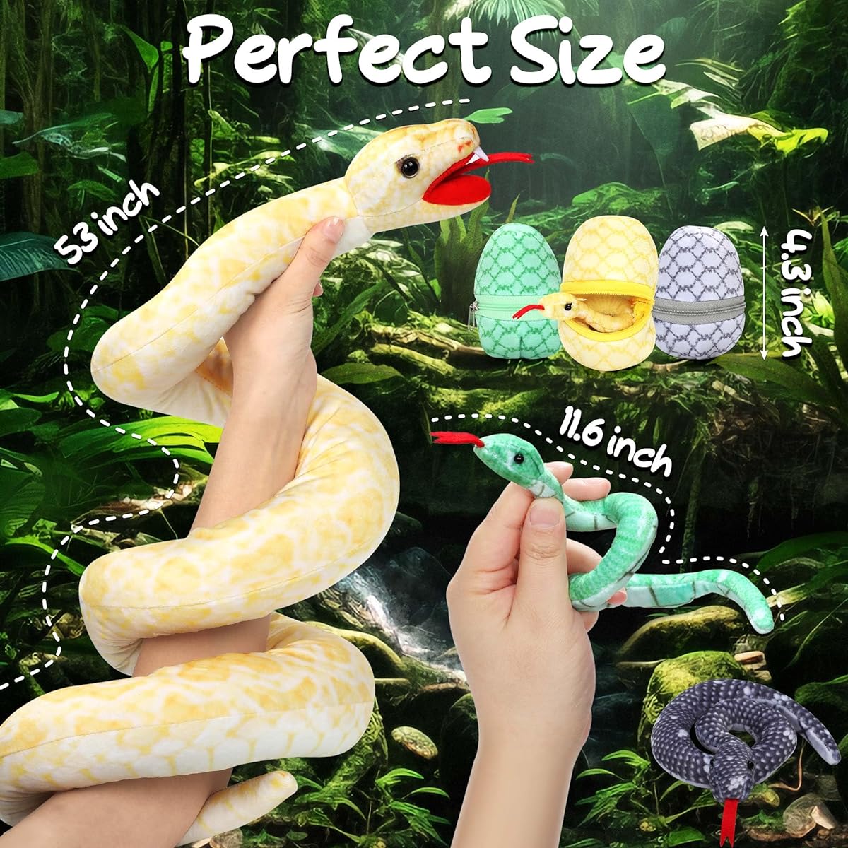 Xhamuon 53" Giant Snake Plush Toy Mommy and 3 Babies with 3 Cute Babies & 3 Eggs Golden Python Realistic Snake Stuffed Animal Gift for Boys Girls