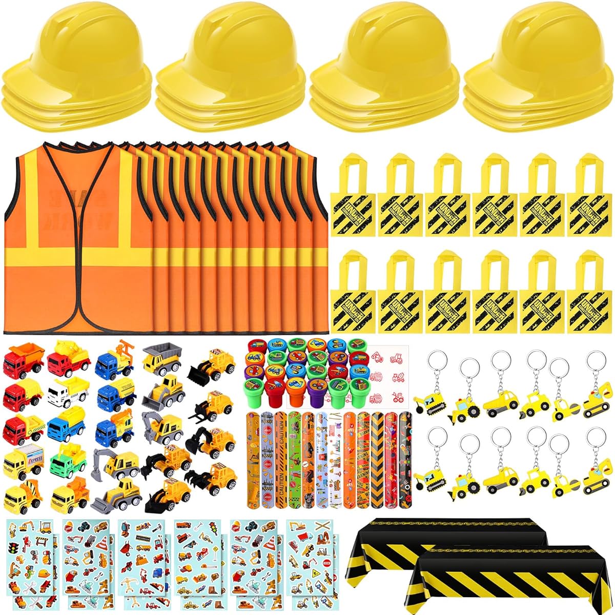 Sratte 122 Pieces Construction Birthday Party Supplies, 12 Construction Hats, 12 Construction Vests, 12 Tote Bags, 24 Construction Toys, 12 Slap Bracelets, 12 Key Chains, 12 Stickers, 24 Stamps, 2 Table Cloths