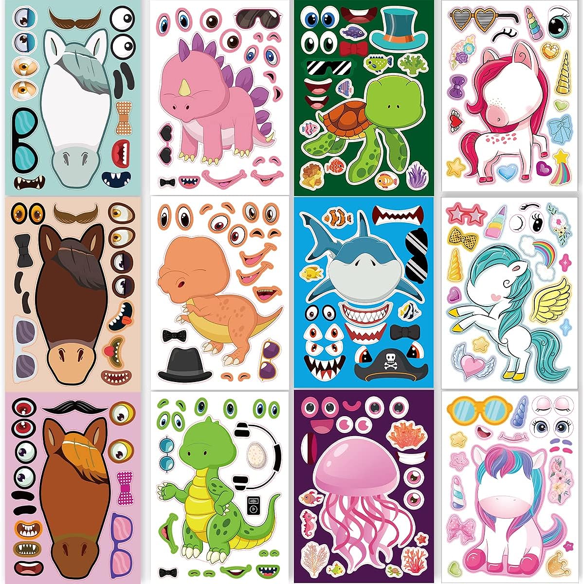 24 Sheets 8.27''×5.9'' Make Your Own Stickers for Kids Toddlers, Make a Face Stickers Mix and Match with Unicorn Dinosaur Hor