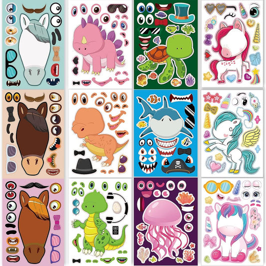 24 Sheets 8.27''×5.9'' Make Your Own Stickers for Kids Toddlers, Make a Face Stickers Mix and Match with Unicorn Dinosaur Hor