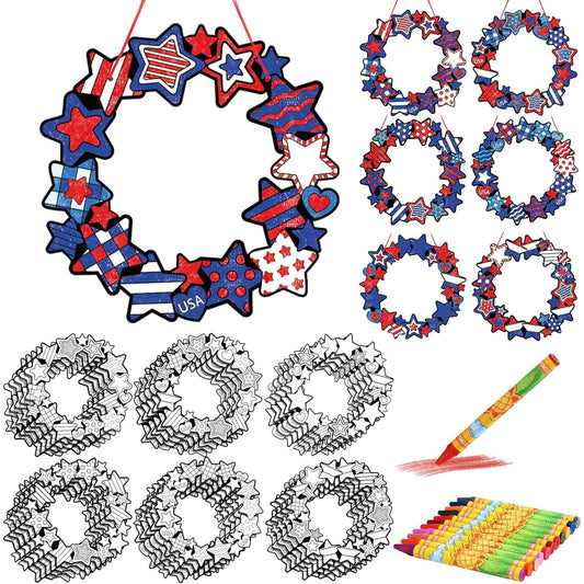 30 Pieces Patriotic Colors Make Your Own Paper Wreath Craft Kit for Kids 4th of July USA Star DIY Crafts with Crayons Independence Day Wreath Sign Hanging Decor Art Projects Fun Home Activities