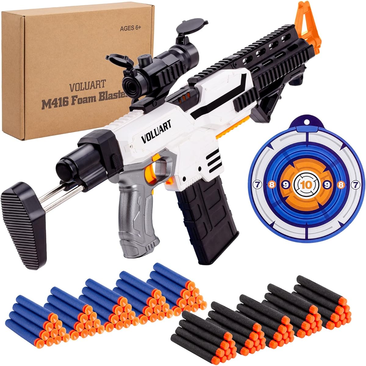 Voluart Electric Automatic Toy Gun for Nerf Gun Bullets, Soft Dart Gun with Scope, 100 Refill Darts for Boys and Girls Ages 12+ (White)
