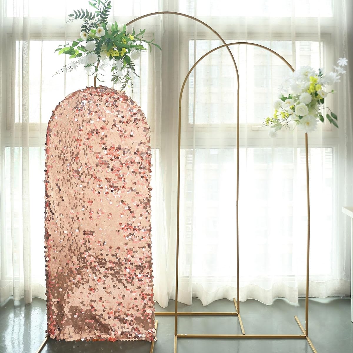 Efavormart 5ft Sparkly Blush/Rose Gold Big Payatte Sequin Round Top Wedding Arch Frame Cover Double Sided Fitted Backdrop Stand Cover